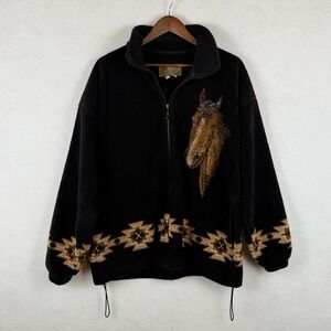 Bear Ridge Outfitters Horse Fleece Jacket Large Black Southwestern Vintage USA